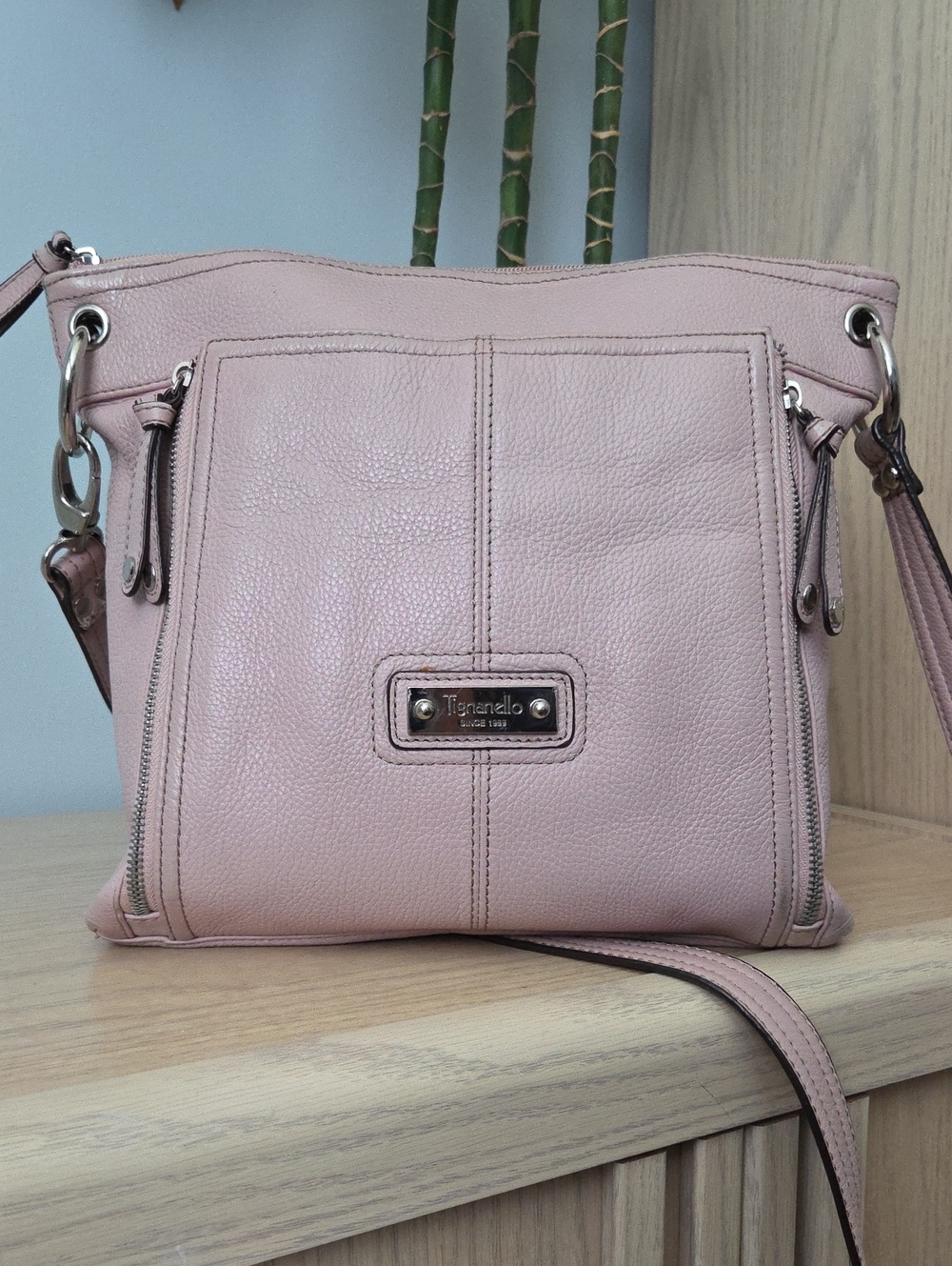 Tignanello Dusty Pink Pebbled Leather Crossbody Bag w Front Wallet Compartment